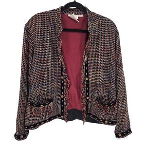 Yak magik Large multicolor plaid tweed open front blazer jacket fringe silk VTG
